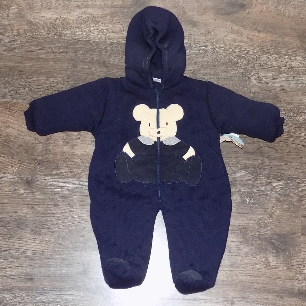 Carriage Boutiques Knit Pram Suit Kids 6M Navy New Teddy Bear Hooded Bunting